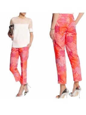 J.Crew Collection Jacquard Neon Orange & Pink Tropical Print Trousers Sz 0